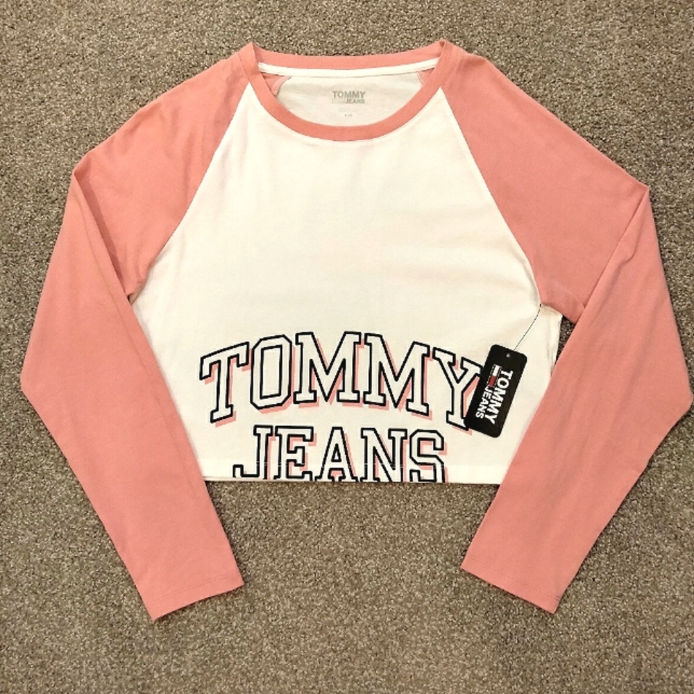 NWT Sz S Tommy Jeans Pink LS Crop Top